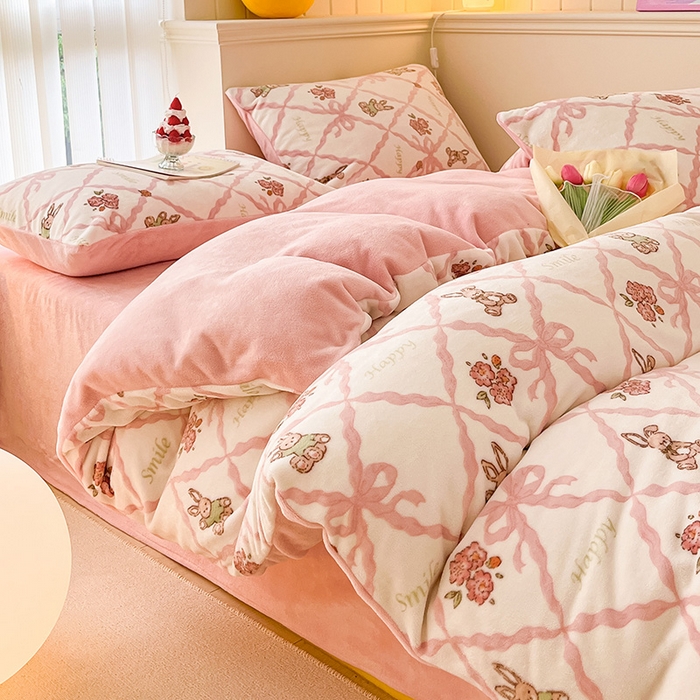 91家纺网 家纺一手货源 找家纺 金爱家 2023新款ins小清新韩系卡通少女心奶油兔子加厚牛奶绒系列四件套 绒-菲丽