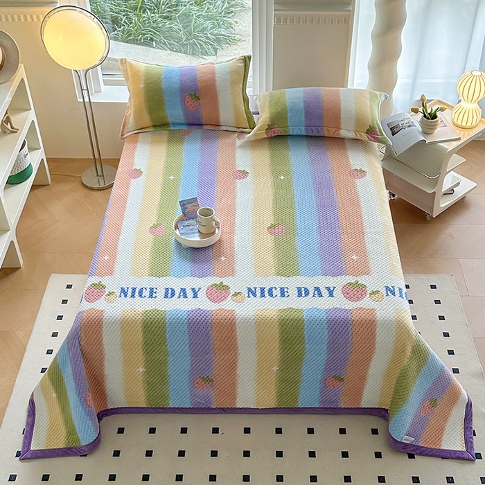 91家纺网 家纺一手货源 找家纺 胜权 2024款高克重牛奶绒夹棉单床盖单件保暖床盖三件套 彩虹甜心