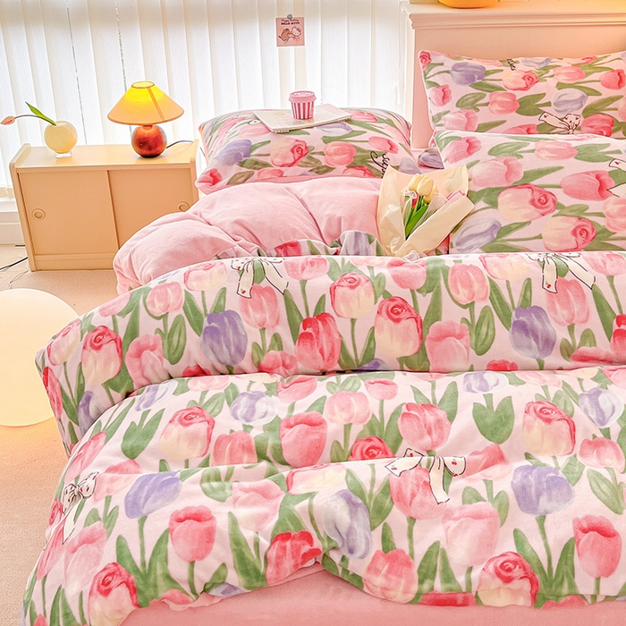 91家纺网 家纺一手货源 找家纺 金爱家 2023新款ins小清新韩系卡通少女心奶油兔子加厚牛奶绒系列四件套 绒-浪漫郁金香