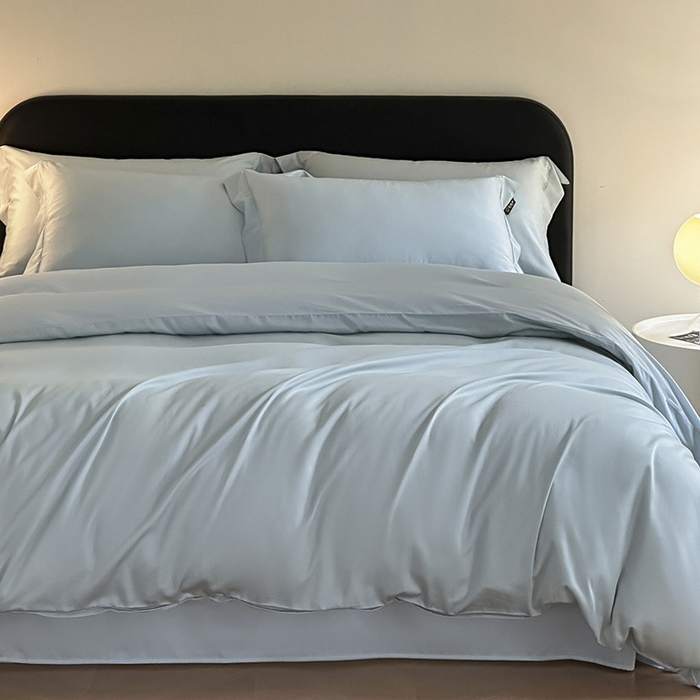 91家纺网 家纺一手货源 找家纺 618家纺 2023新款50S100支长绒棉全棉纯棉纯色四件套 纯色冰蓝