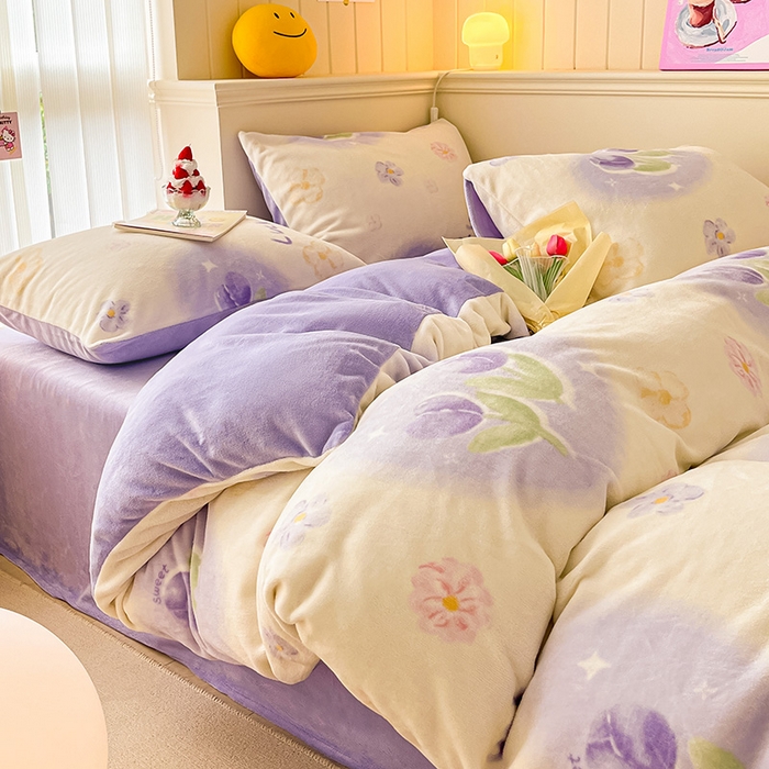 91家纺网 家纺一手货源 找家纺 金爱家 2023新款ins小清新韩系卡通少女心奶油兔子加厚牛奶绒系列四件套 绒-幸运郁金香