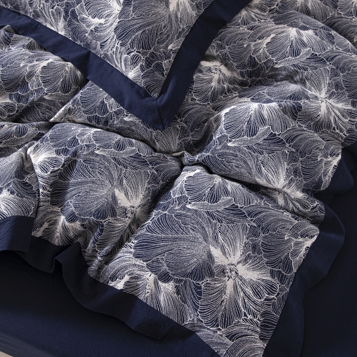 91家纺网 家纺一手货源 找家纺 安莱生活 2023新款花海系列色织双层纱工艺款宽边高奢四件套 花海-藏青