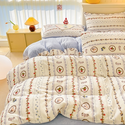 91家纺网 家纺一手货源 找家纺 金爱家 2023新款ins小清新韩系卡通少女心奶油兔子加厚牛奶绒系列四件套 绒-蓝可颂