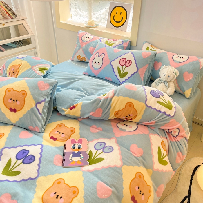 91家纺网 家纺一手货源 找家纺 金爱家 2023新款ins小清新韩系卡通少女心奶油兔子加厚牛奶绒系列四件套 朵朵