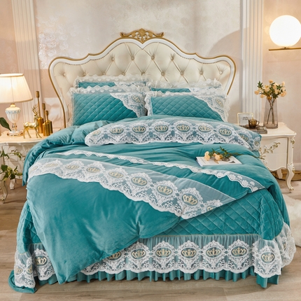 91家纺网 家纺一手货源 找家纺 恋尚 2023新款水晶绒夹棉床盖四件套卡雯系列 湖青