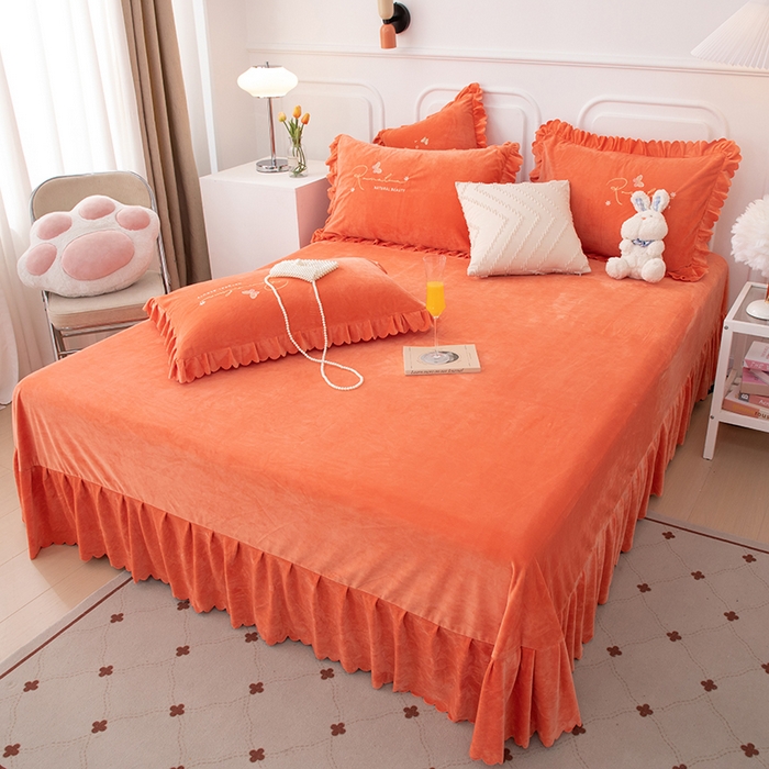 91家纺网 家纺一手货源 找家纺 优姿家纺 2024新品8.5斤德芙绒韩版床裙绣花保暖四件套 时尚玫瑰香妃桔