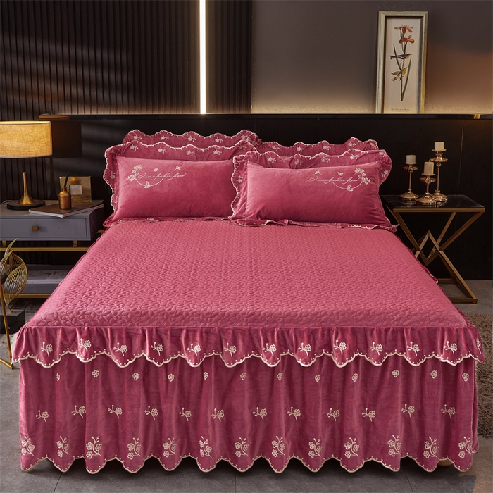 91家纺网 家纺一手货源 找家纺 2023 恒爱家纺 花好月圆宝宝绒床裙四件套 深豆沙