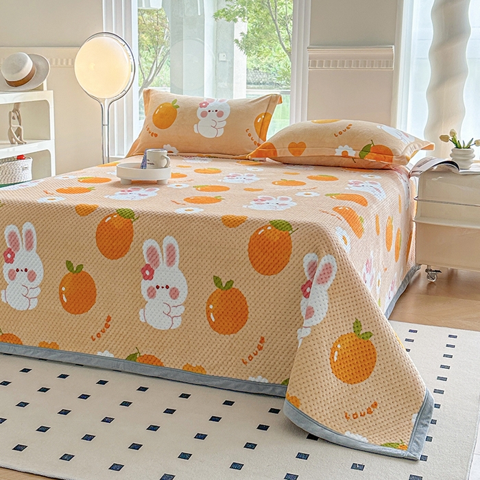 91家纺网 家纺一手货源 找家纺 胜权 2024款高克重牛奶绒夹棉单床盖单件保暖床盖三件套 兔兔派对