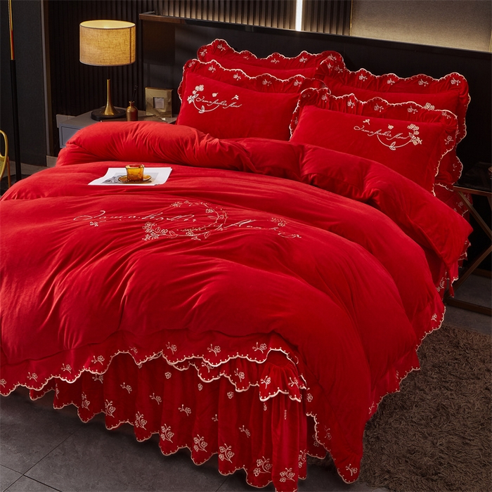 91家纺网 家纺一手货源 找家纺 2023 恒爱家纺 花好月圆宝宝绒床裙四件套 喜庆红