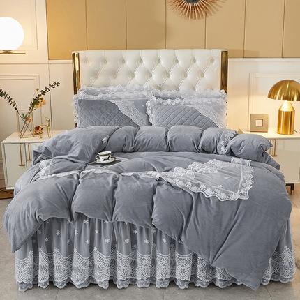 2023新款水晶绒保暖床裙四件套爱妮系列 浅灰