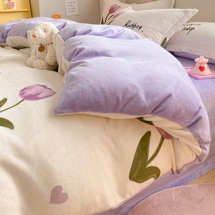 91家纺网 家纺一手货源 找家纺 梦之岛 2023新款牛奶绒加厚小清新印花保暖四件套 花园小兔