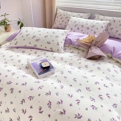 91家纺网 家纺一手货源 找家纺 雅阁尔 2023新款直播爆款母婴级水洗棉双层纱四件套小碎花被套床笠款三件套 紫色果实