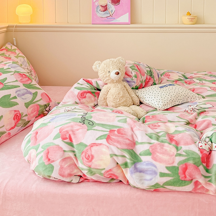 91家纺网 家纺一手货源 找家纺 金爱家 2023新款ins小清新韩系卡通少女心奶油兔子加厚牛奶绒系列四件套 绒-浪漫郁金香