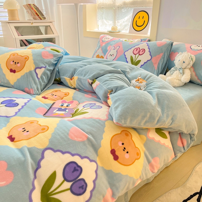 91家纺网 家纺一手货源 找家纺 金爱家 2023新款ins小清新韩系卡通少女心奶油兔子加厚牛奶绒系列四件套 朵朵