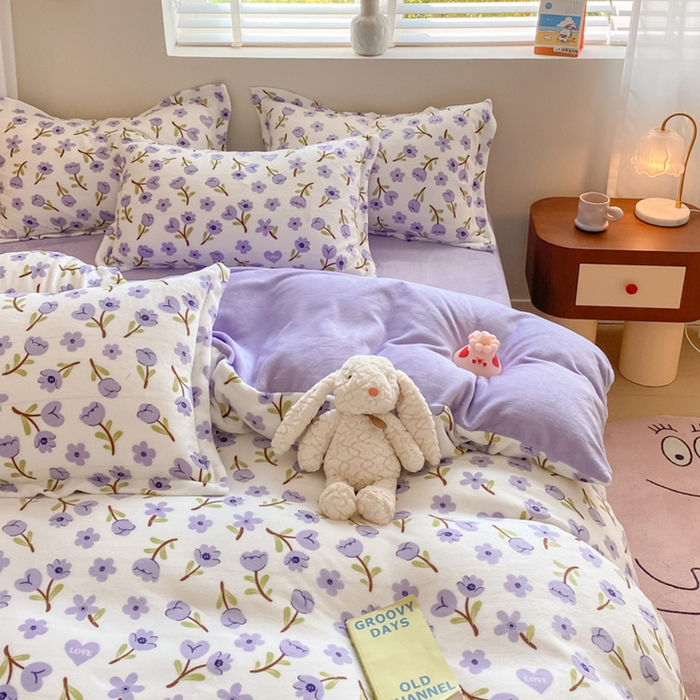 91家纺网 家纺一手货源 找家纺 梦之岛 2023新款牛奶绒加厚小清新印花保暖四件套 花恋