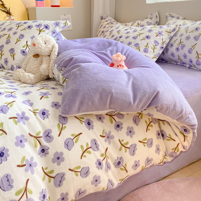 91家纺网 家纺一手货源 找家纺 梦之岛 2023新款牛奶绒加厚小清新印花保暖四件套 花恋