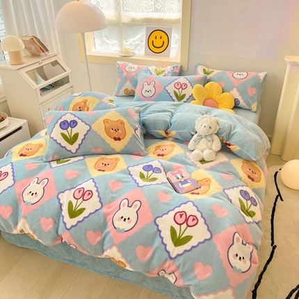 91家纺网 家纺一手货源 找家纺 金爱家 2023新款ins小清新韩系卡通少女心奶油兔子加厚牛奶绒系列四件套 朵朵