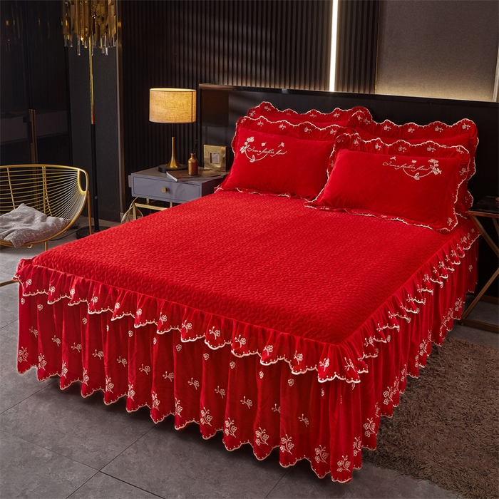 91家纺网 家纺一手货源 找家纺 2023 恒爱家纺 花好月圆宝宝绒床裙四件套 喜庆红