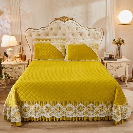 91家纺网 家纺一手货源 找家纺 恋尚 2023新款可脱卸水晶绒夹棉床盖卡雯系列 柠檬黄