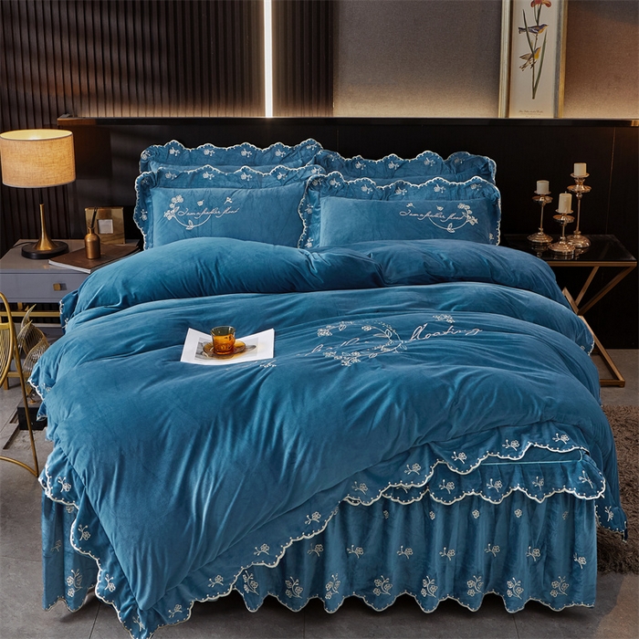 91家纺网 家纺一手货源 找家纺 2023 恒爱家纺 花好月圆宝宝绒床裙四件套 宝利蓝