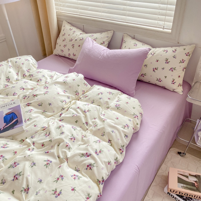 91家纺网 家纺一手货源 找家纺 雅阁尔 2023新款直播爆款母婴级水洗棉双层纱四件套小碎花被套床笠款三件套 紫色果实