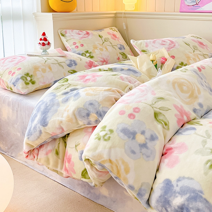 91家纺网 家纺一手货源 找家纺 金爱家 2023新款ins小清新韩系卡通少女心奶油兔子加厚牛奶绒系列四件套 绒-挽兰