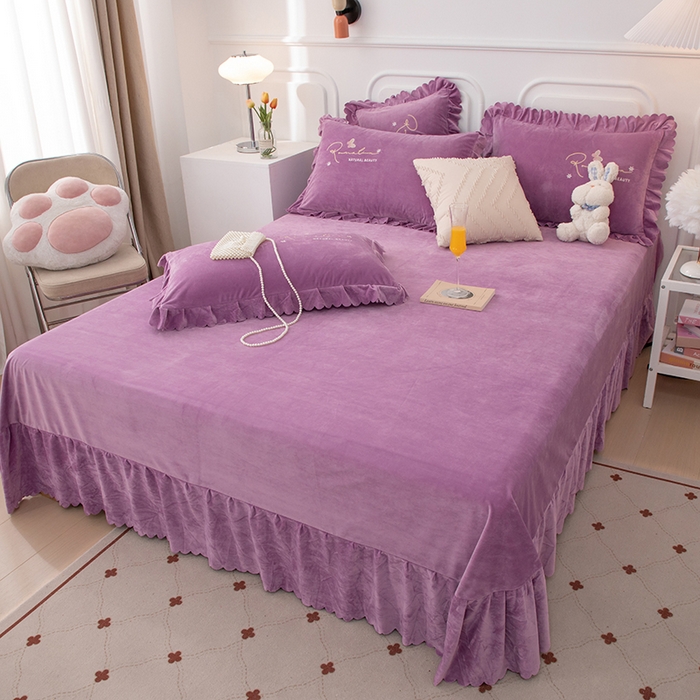 91家纺网 家纺一手货源 找家纺 优姿家纺 2024新品8.5斤德芙绒韩版床裙绣花保暖四件套 时尚玫瑰紫色