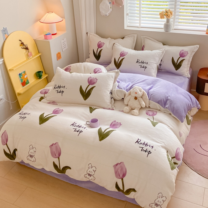 91家纺网 家纺一手货源 找家纺 梦之岛 2023新款牛奶绒加厚小清新印花保暖四件套 花园小兔