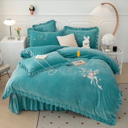 优姿家纺 2024新品8.5斤德芙绒韩版床裙绣花保暖四件套  今生有约湖兰
