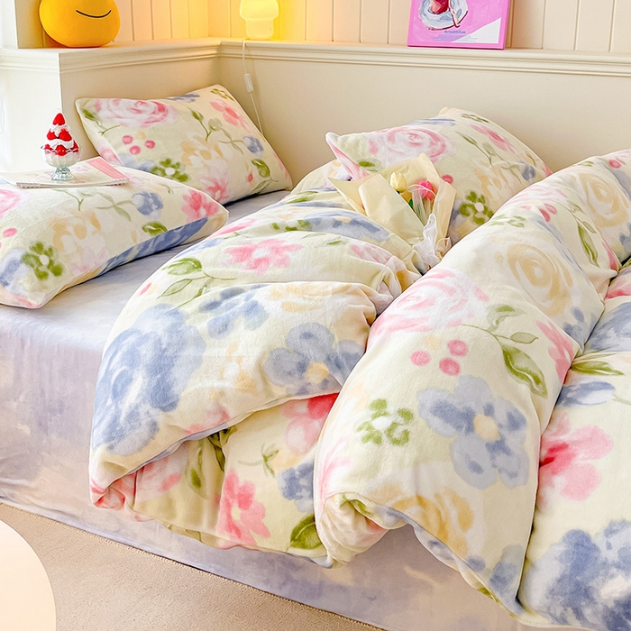 91家纺网 家纺一手货源 找家纺 金爱家 2023新款ins小清新韩系卡通少女心奶油兔子加厚牛奶绒系列四件套 绒-挽兰