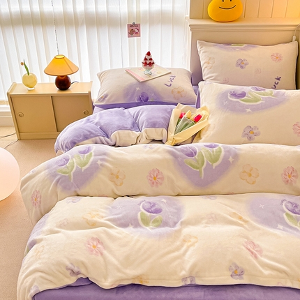 91家纺网 家纺一手货源 找家纺 金爱家 2023新款ins小清新韩系卡通少女心奶油兔子加厚牛奶绒系列四件套 绒-幸运郁金香