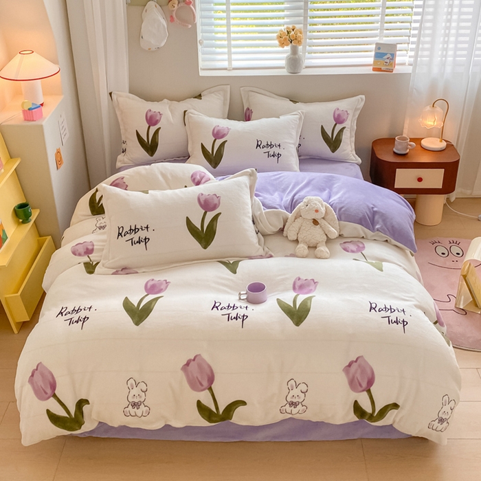 91家纺网 家纺一手货源 找家纺 梦之岛 2023新款牛奶绒加厚小清新印花保暖四件套 花园小兔