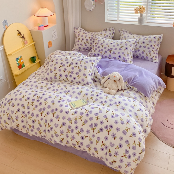 91家纺网 家纺一手货源 找家纺 梦之岛 2023新款牛奶绒加厚小清新印花保暖四件套 花恋