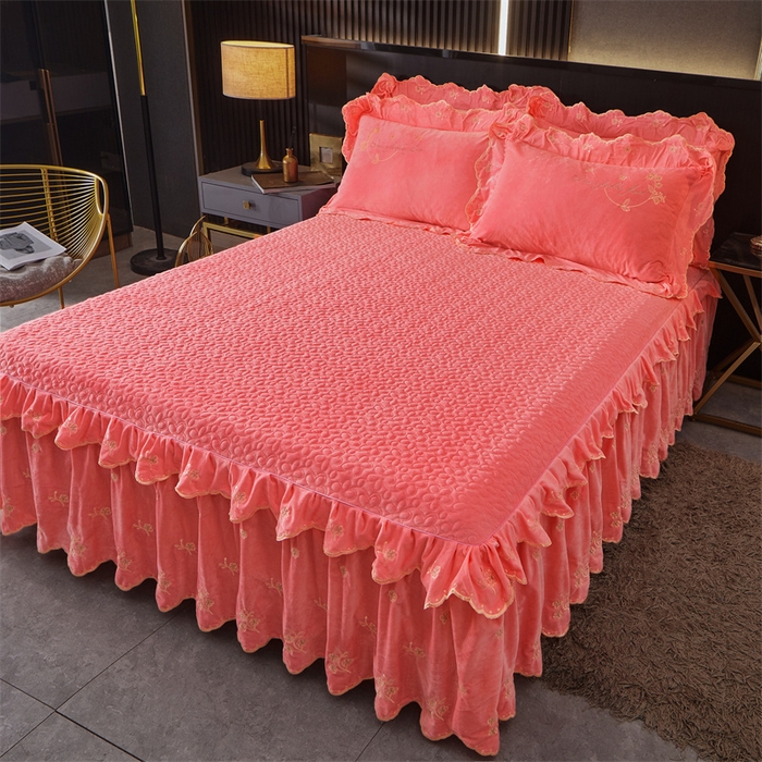 91家纺网 家纺一手货源 找家纺 2023 恒爱家纺 花好月圆宝宝绒床裙四件套 梦想粉