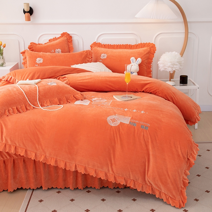 91家纺网 家纺一手货源 找家纺 优姿家纺 2024新品8.5斤德芙绒韩版床裙绣花保暖四件套 绽放香妃桔