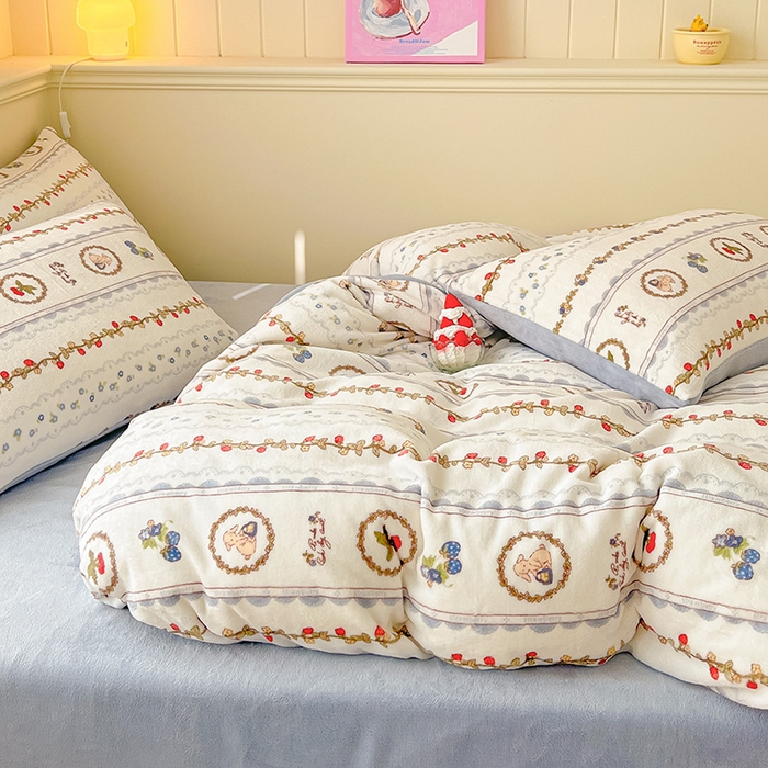 91家纺网 家纺一手货源 找家纺 金爱家 2023新款ins小清新韩系卡通少女心奶油兔子加厚牛奶绒系列四件套 绒-蓝可颂