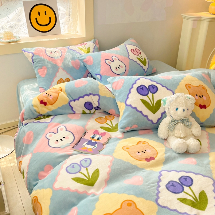 91家纺网 家纺一手货源 找家纺 金爱家 2023新款ins小清新韩系卡通少女心奶油兔子加厚牛奶绒系列四件套 朵朵