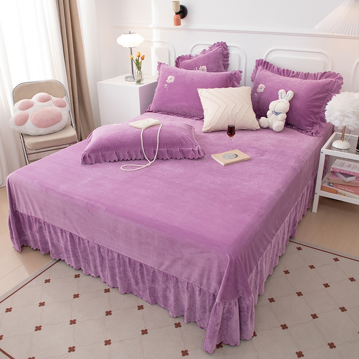 91家纺网 家纺一手货源 找家纺 优姿家纺 2024新品8.5斤德芙绒韩版床裙绣花保暖四件套 绽放紫色