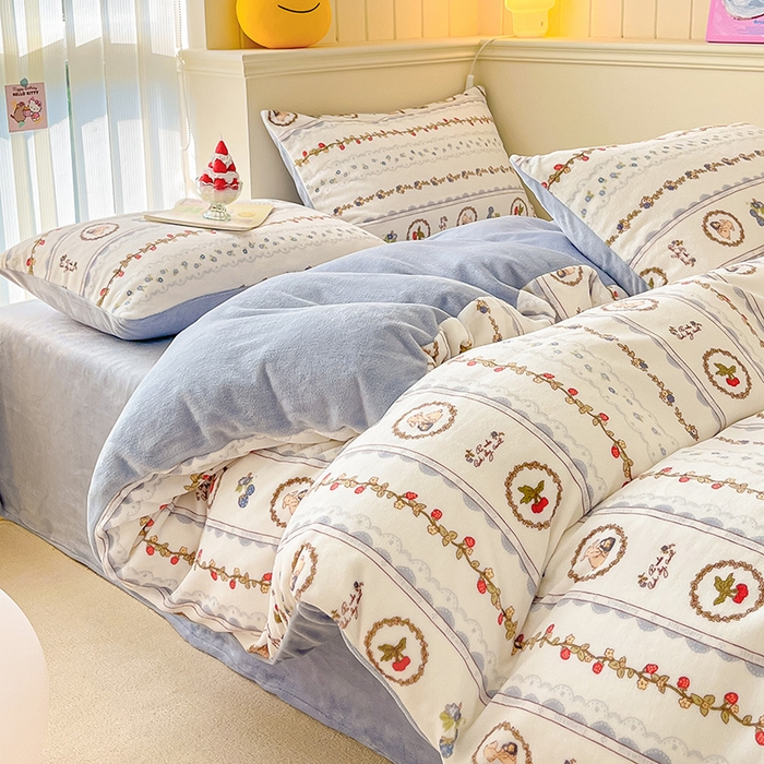 91家纺网 家纺一手货源 找家纺 金爱家 2023新款ins小清新韩系卡通少女心奶油兔子加厚牛奶绒系列四件套 绒-蓝可颂