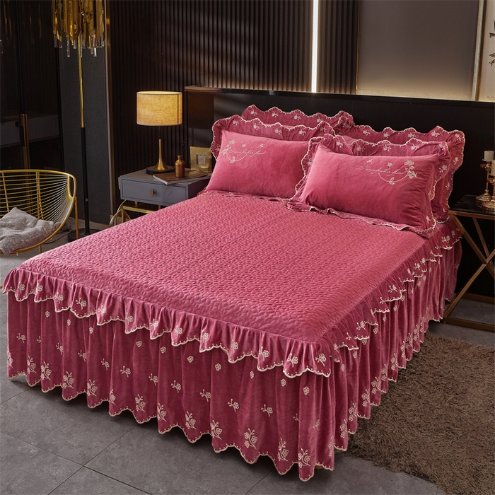 91家纺网 家纺一手货源 找家纺 2023 恒爱家纺 花好月圆宝宝绒床裙四件套 深豆沙