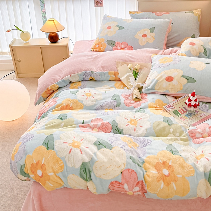 91家纺网 家纺一手货源 找家纺 金爱家 2023新款ins小清新韩系卡通少女心奶油兔子加厚牛奶绒系列四件套 绒-缤纷花园