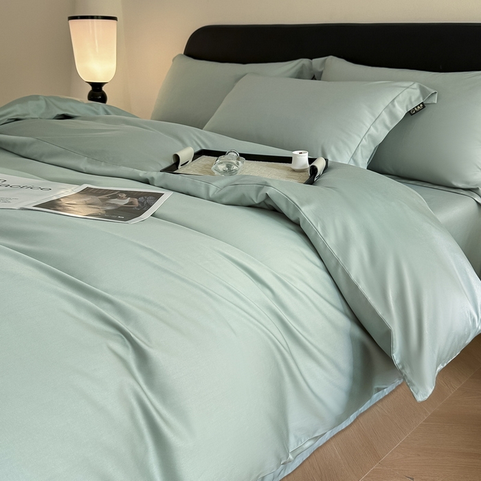 91家纺网 家纺一手货源 找家纺 618家纺 2023新款50S100支长绒棉全棉纯棉纯色四件套 纯色奶油绿