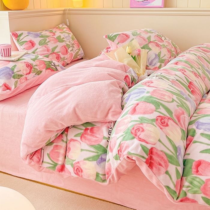 91家纺网 家纺一手货源 找家纺 金爱家 2023新款ins小清新韩系卡通少女心奶油兔子加厚牛奶绒系列四件套 绒-浪漫郁金香