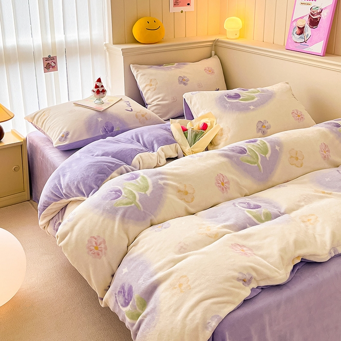 91家纺网 家纺一手货源 找家纺 金爱家 2023新款ins小清新韩系卡通少女心奶油兔子加厚牛奶绒系列四件套 绒-幸运郁金香