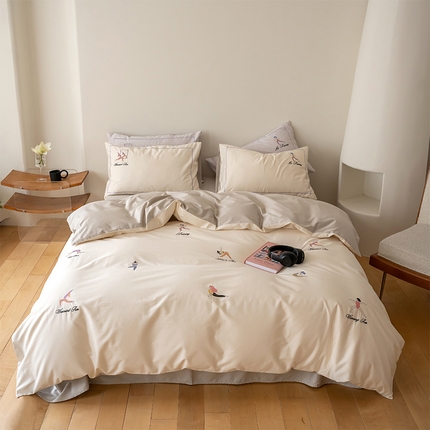 91家纺网 家纺一手货源 找家纺 名品优仓 2023新款高支高密长绒棉刺绣运动少女系列四件套 慕白