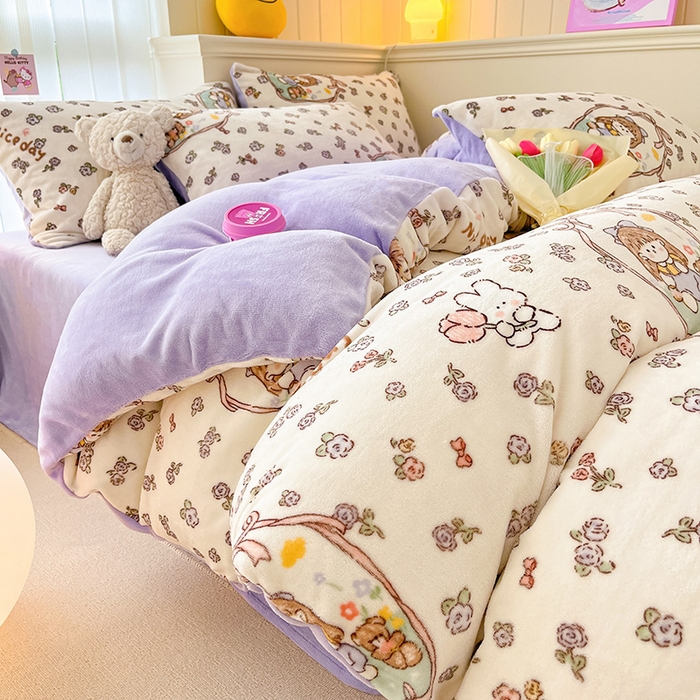 91家纺网 家纺一手货源 找家纺 金爱家 2023新款ins小清新韩系卡通少女心奶油兔子加厚牛奶绒系列四件套 绒-萝莉