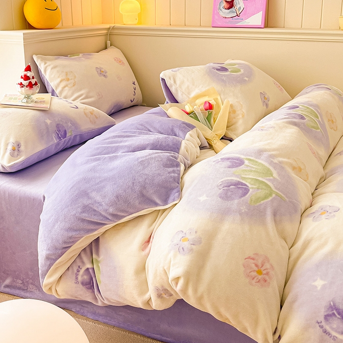 91家纺网 家纺一手货源 找家纺 金爱家 2023新款ins小清新韩系卡通少女心奶油兔子加厚牛奶绒系列四件套 绒-幸运郁金香