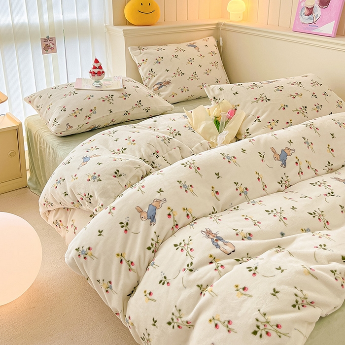 91家纺网 家纺一手货源 找家纺 金爱家 2023新款ins小清新韩系卡通少女心奶油兔子加厚牛奶绒系列四件套 绒-兔先生
