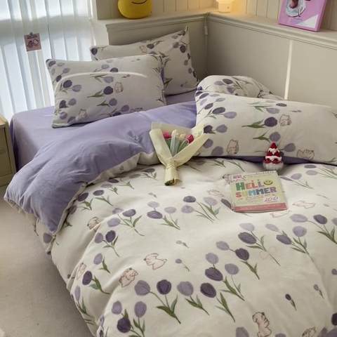 91家纺网 家纺一手货源 找家纺 金爱家 2023新款ins小清新韩系卡通少女心奶油兔子加厚牛奶绒系列四件套 绒-苏珊