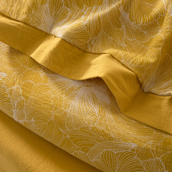 91家纺网 家纺一手货源 找家纺 安莱生活 2023新款花海系列色织双层纱工艺款宽边高奢四件套 花海-姜黄